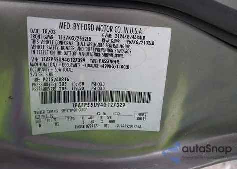 2004 Ford Taurus Ses из США, поврежденный, VIN 1FAFP55U94G127329